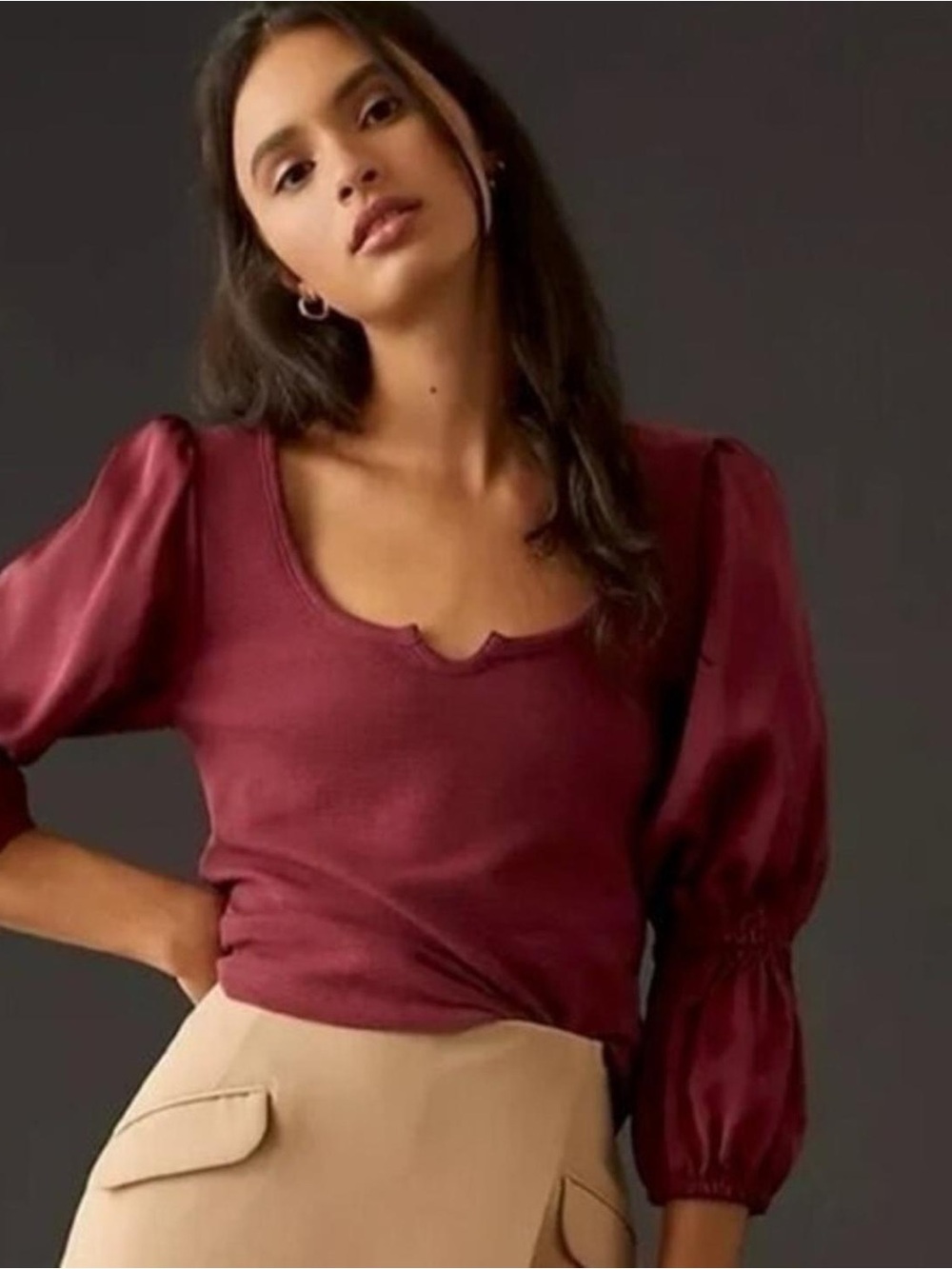 Maeve by Anthropologie Ribbed Tiered Satin Long Sleeve Top in Burgundy | Size M